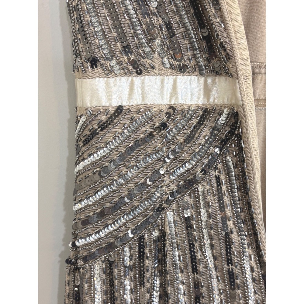Adrianna Papell Beaded Sequin V-Neck Gown Cap Sleeve Maxi Dress Champagne Silver - Picture 14 of 16